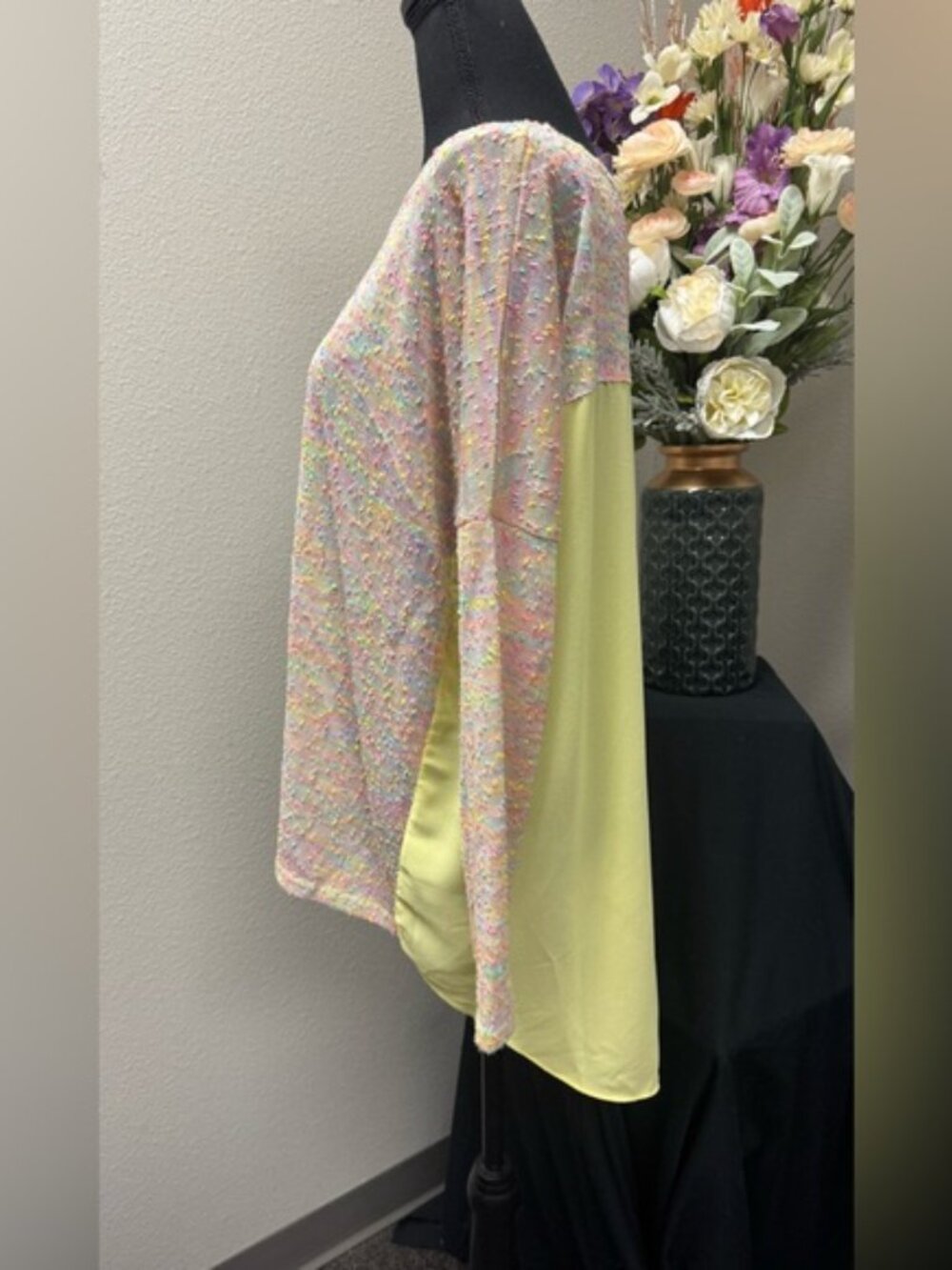 Umgee USA Medium Pastel Multicolor Knit Yellow Sheer Back Boho Tunic Top - Picture 6 of 9